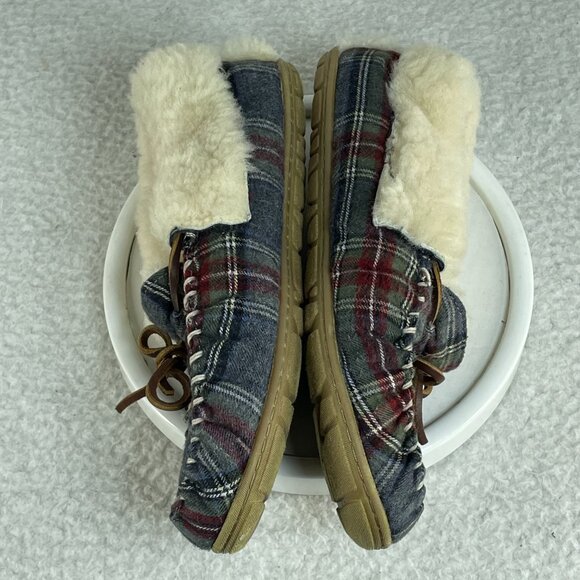 L.L. Bean Shoes Women’s 8 Blue Red Multicolor Plaid Moccasins Sherpa Slippers - Picture 5 of 7